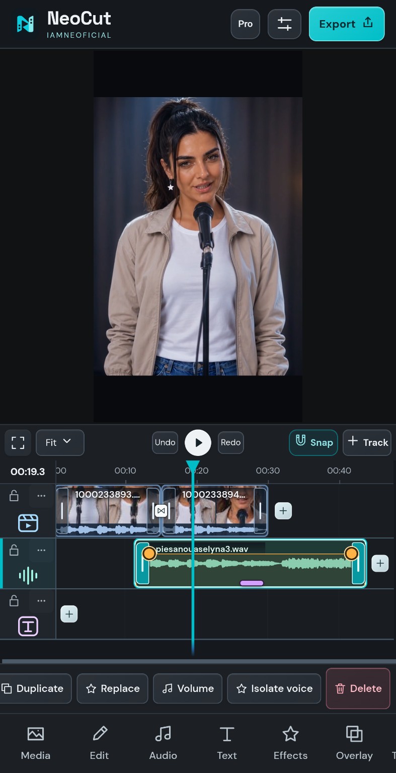 Selyna performance footage in NeoCut on a phone, with two video clips, a separate WAV music track and an empty Text row.